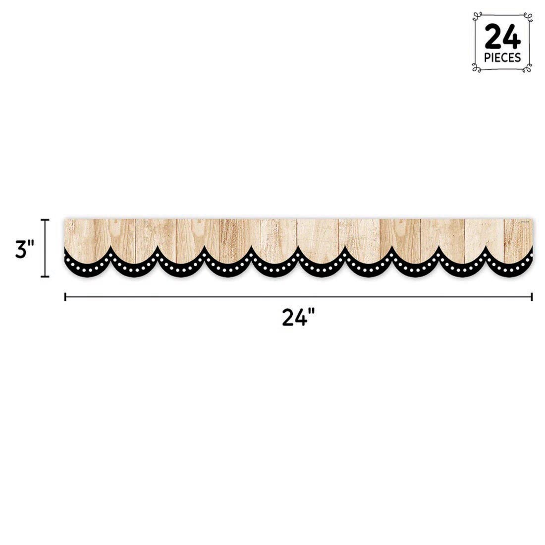 strip of Dotted Scallops on Wood EZ Border from the Core Decor collection by Creative Teaching Press labeled with the measurements 3" x 24" and the text 24 Pieces