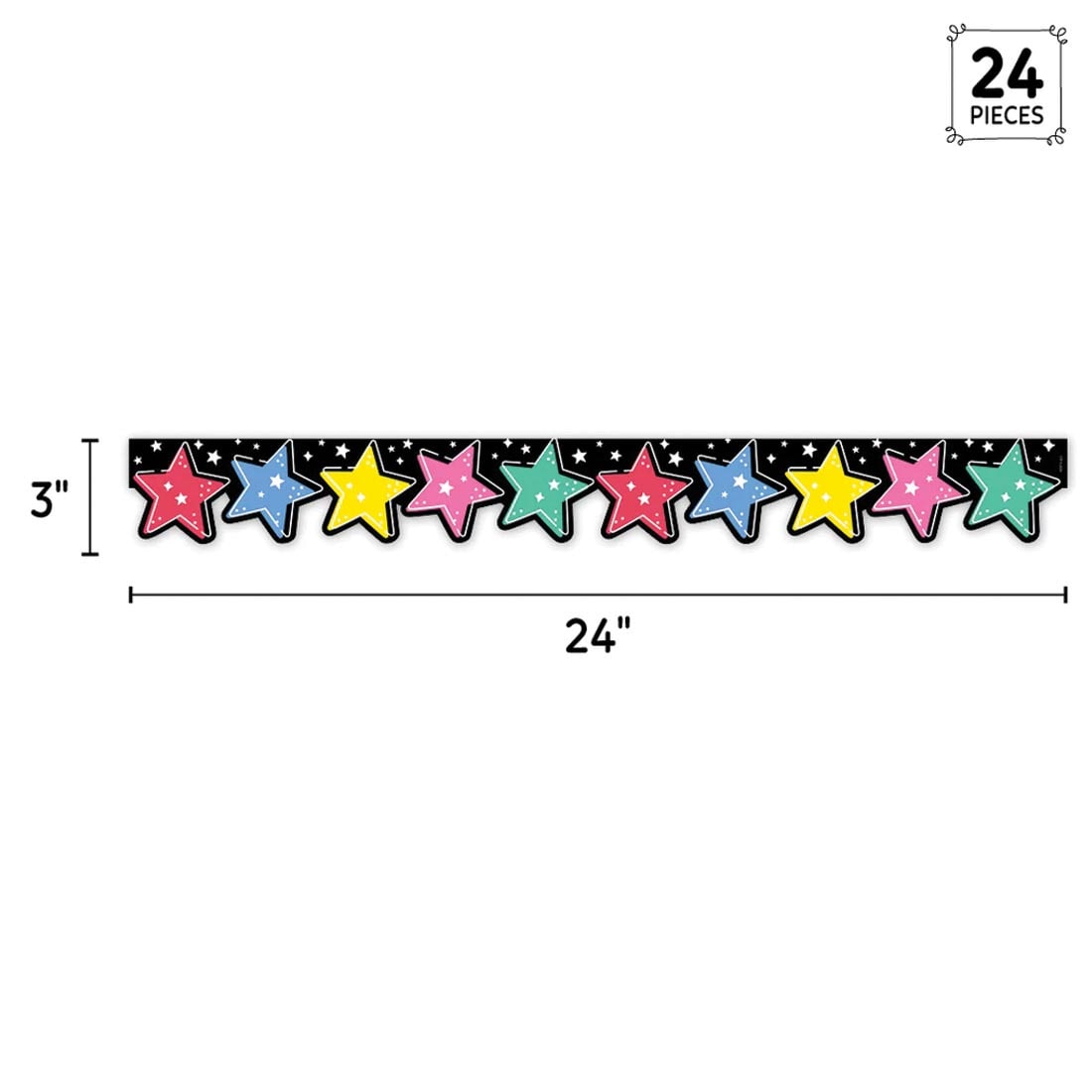 strip of EZ Border from the Star Bright collection by Creative Teaching Press labeled with the measurements 3" x 24" and text 24 Pieces