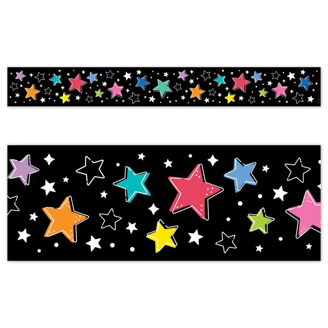 Closeup and full strip of Colorful Stars on Black EZ Border from the Star Bright collection by Creative Teaching Press
