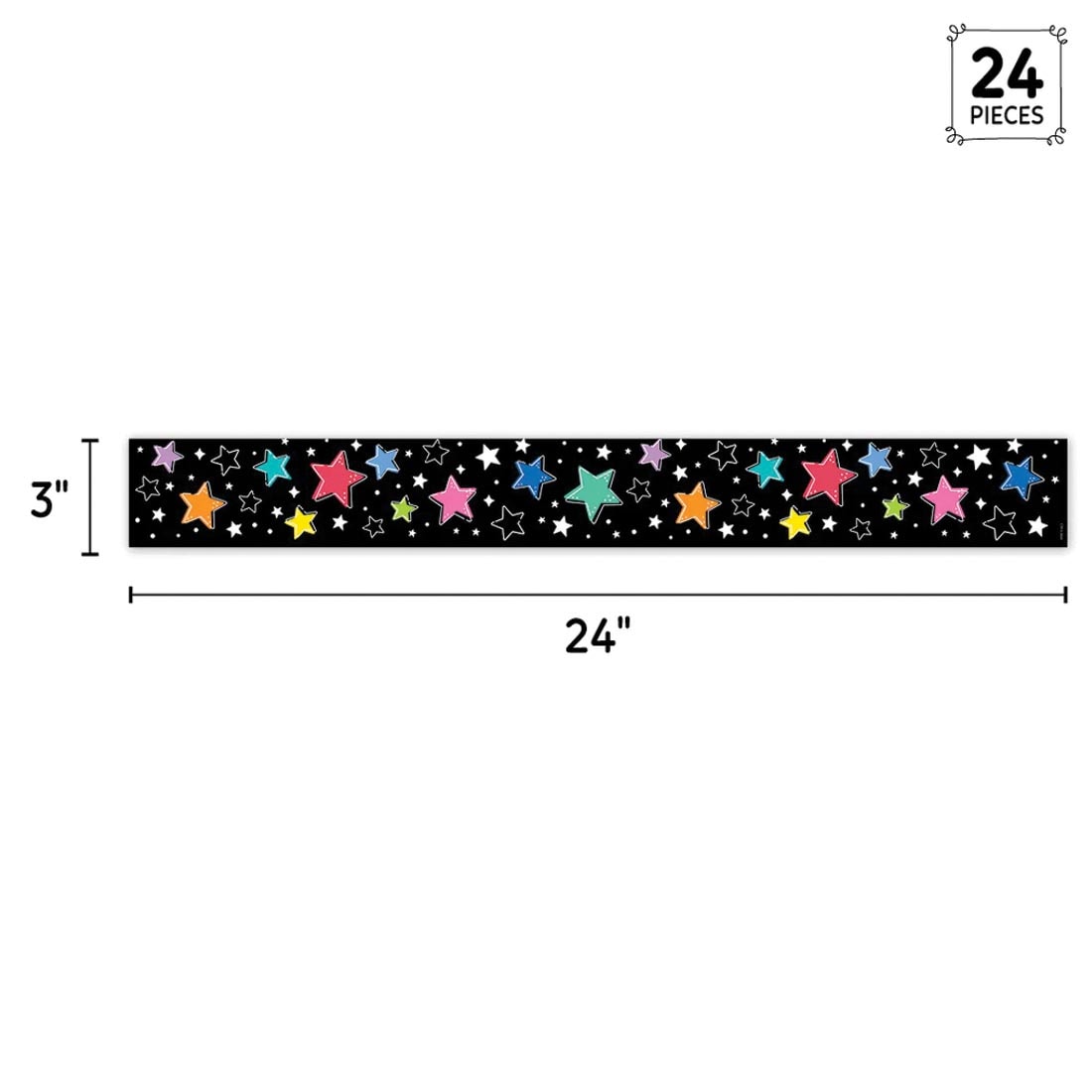 strip of Colorful Stars on Black EZ Border from the Star Bright collection by Creative Teaching Press labeled with the measurements 3" x 24" and the text 24 Pieces