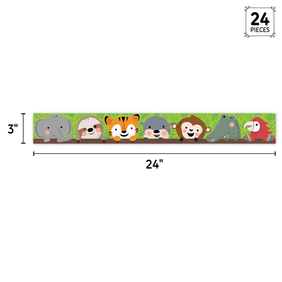 strip of EZ Border from the Jungle Friends collection by Creative Teaching Press labeled with the measurements 3" x 24" and the text 24 Pieces