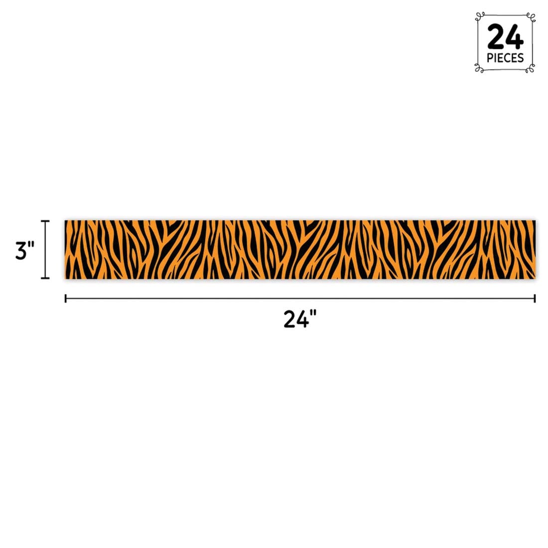 strip of Tiger Stripes EZ Border from the Jungle Friends collection by Creative Teaching Press labeled with the measurements 3" x 24" and the text 24 Pieces