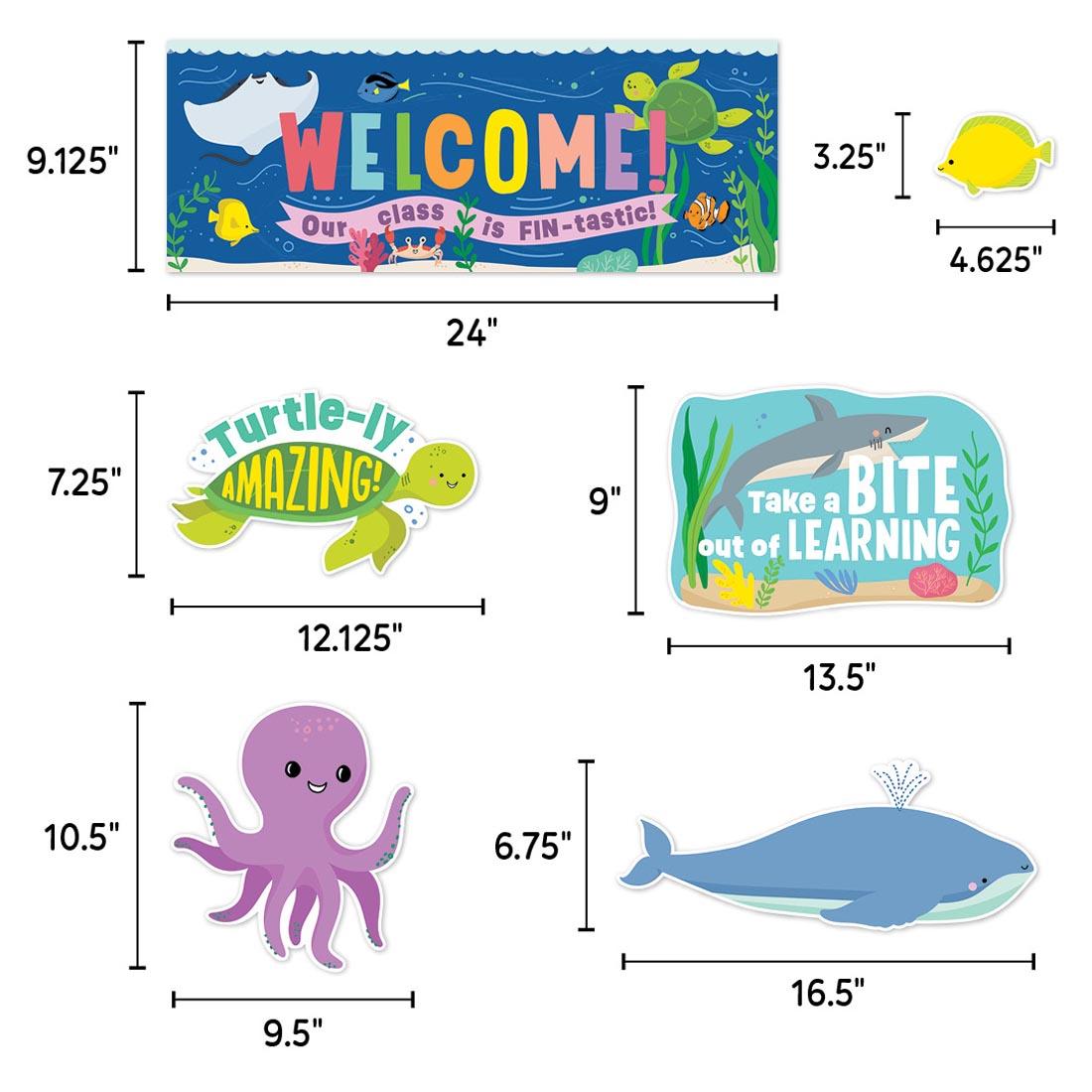 6 different pieces of Under the Sea Bulletin Board Set from the Sea Friends collection by Creative Teaching Press labeled with their measurements