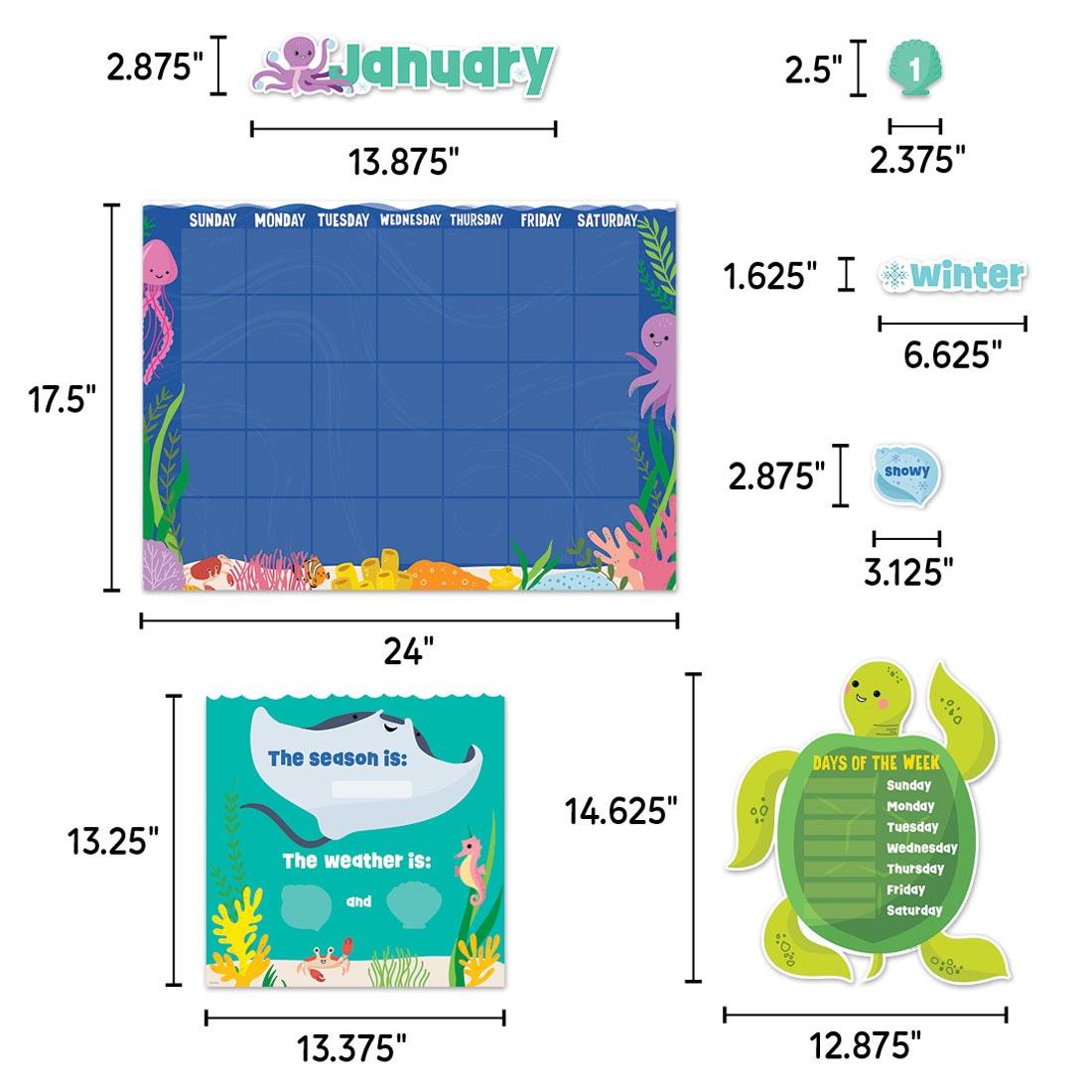 7 different pieces of Calendar Bulletin Board Set from the Sea Friends collection by Creative Teaching Press labeled with their measurements