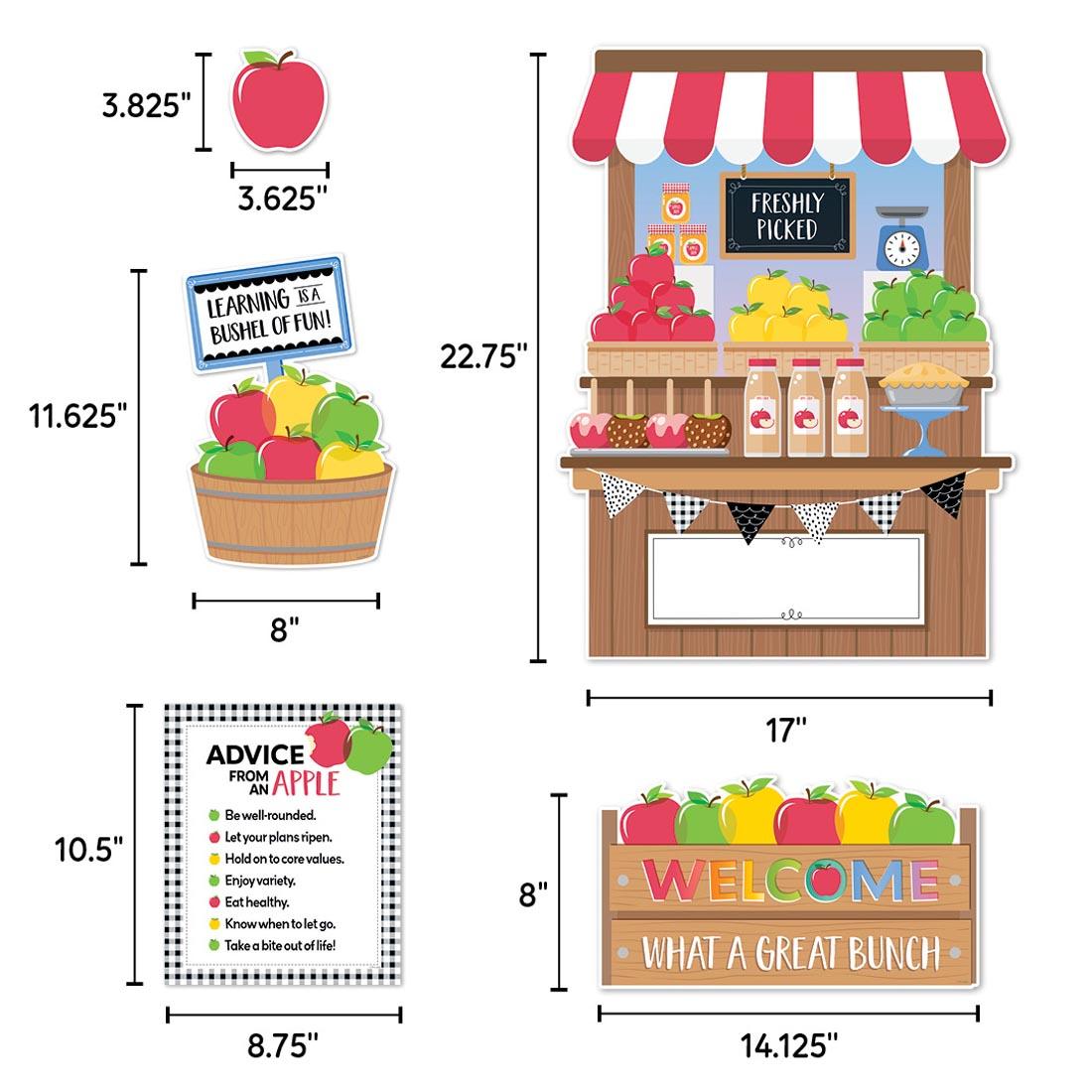 5 different pieces of the Bulletin Board Set from the Apple Time collection by Creative Teaching Press labeled with their measurements