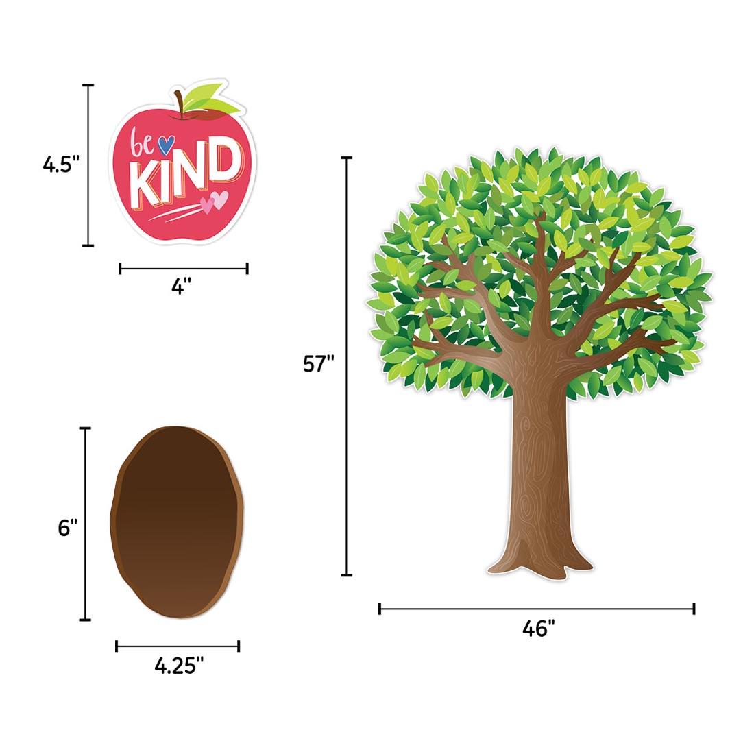 3 components of the Jumbo Tree Bulletin Board Set from the Apple Time collection by Creative Teaching Press labeled with their measurements
