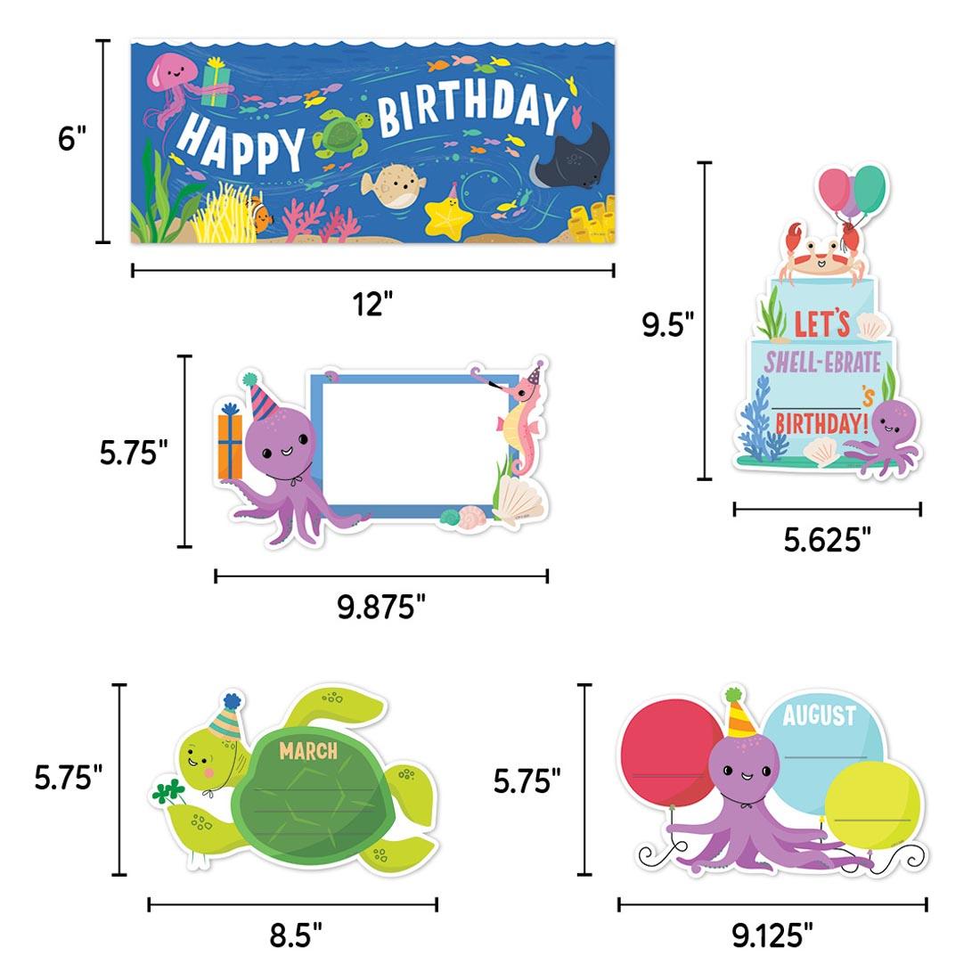5 different pieces of Happy Birthday Mini Bulletin Board Set from the Sea Friends collection by Creative Teaching Press labeled with their measurements