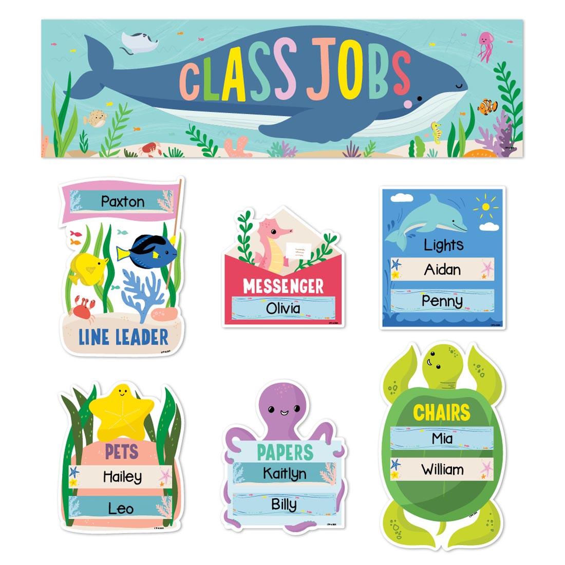Class Jobs Mini Bulletin Board Set from the Sea Friends collection by Creative Teaching Press shown in use with children's names filled in