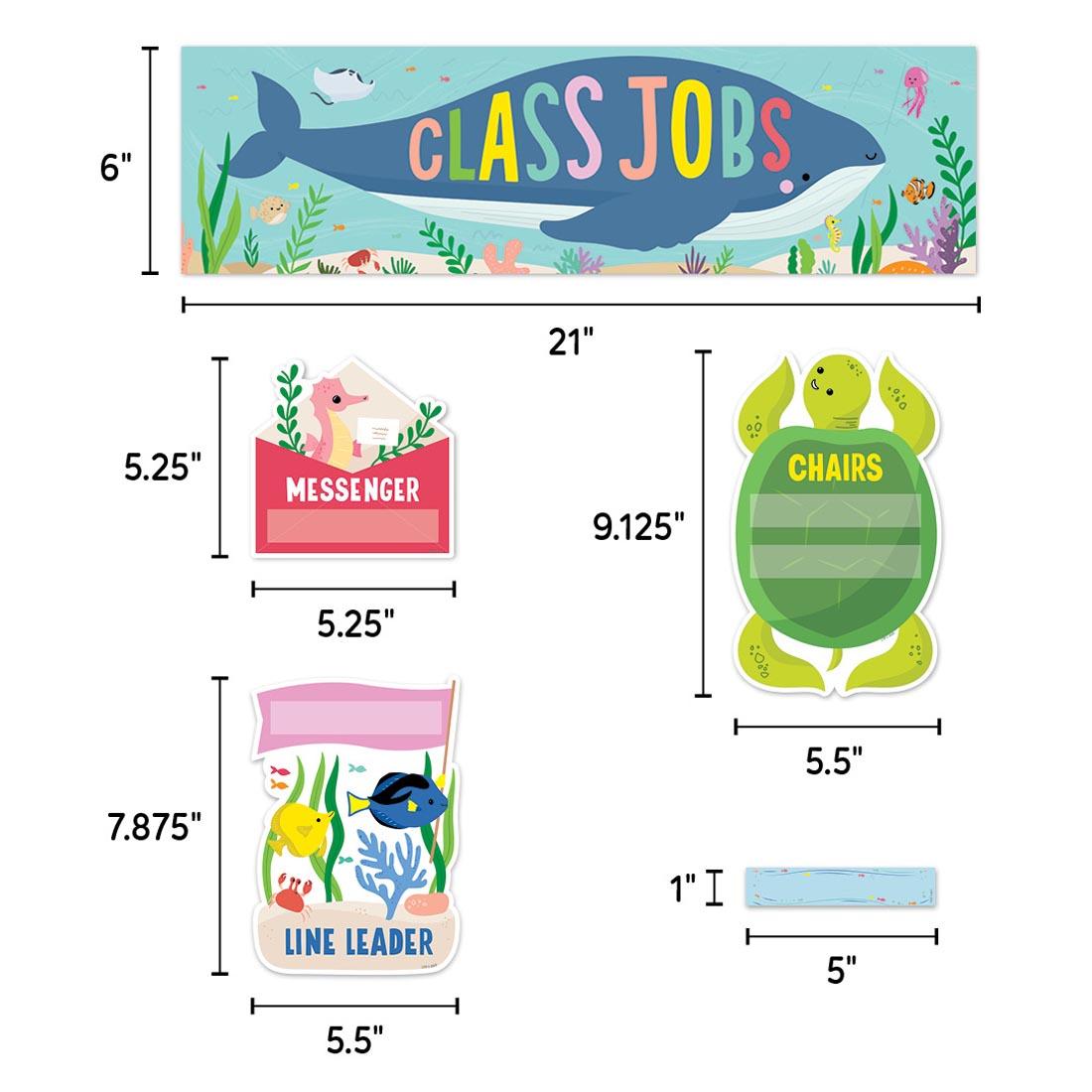 5 different pieces of Class Jobs Mini Bulletin Board Set from the Sea Friends collection by Creative Teaching Press labeled with their measurements