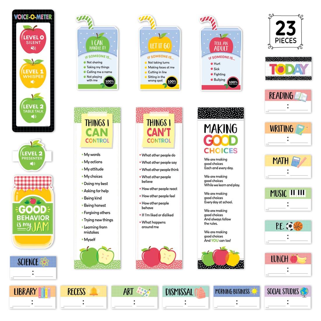 entire Class Management Mini Bulletin Board Set from the Apple Time collection by Creative Teaching Press with the label 23 Pieces