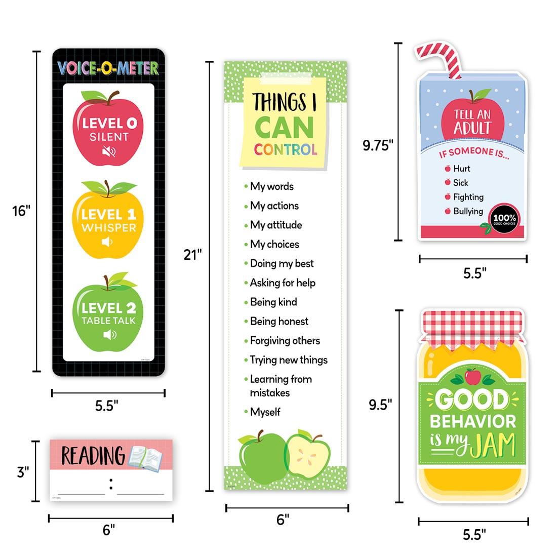 5 different pieces of Class Management Mini Bulletin Board Set from the Apple Time collection by Creative Teaching Press each labeled with their measurements