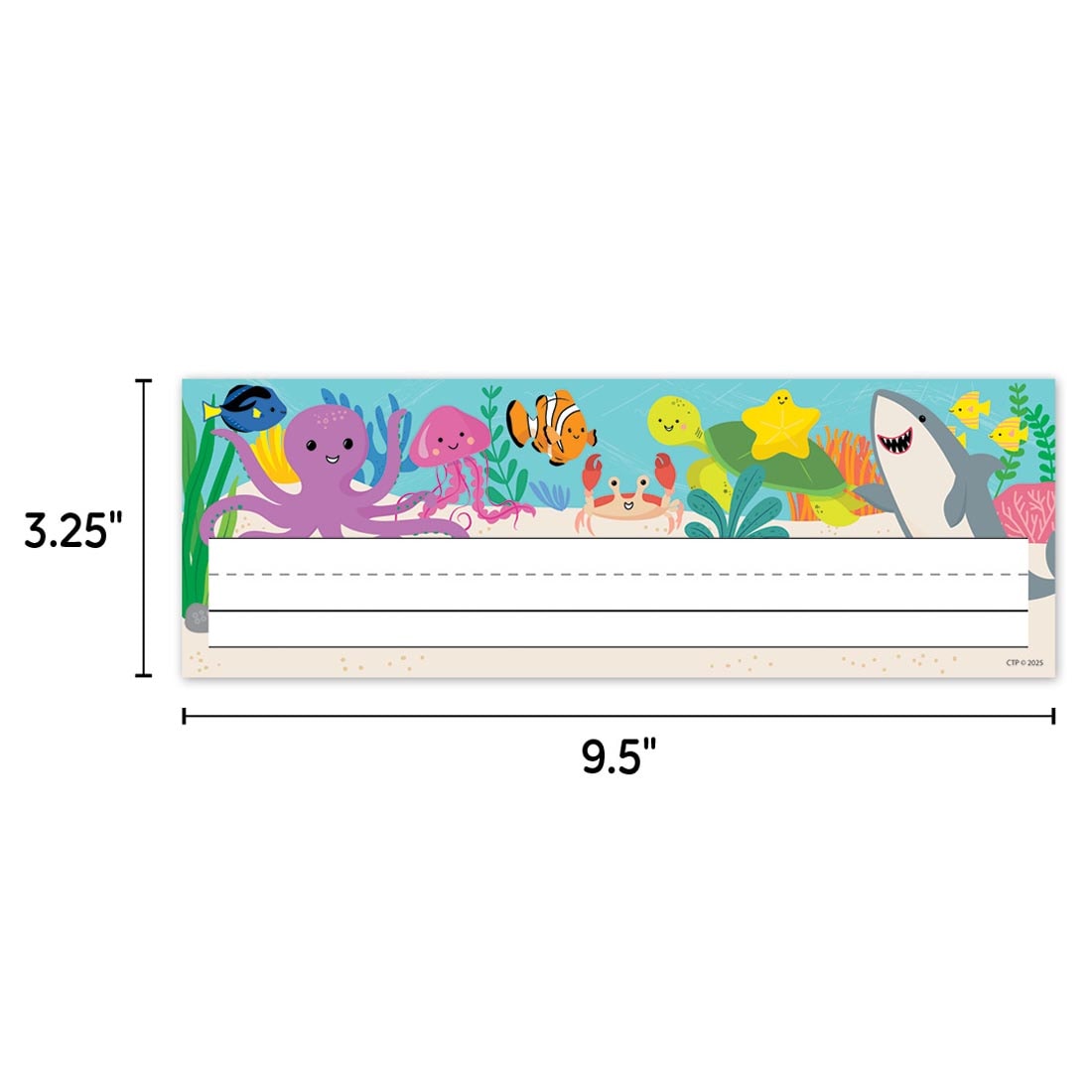 Name Plate from the Sea Friends collection by Creative Teaching Press labeled with measurements 3.25" and 9.5"
