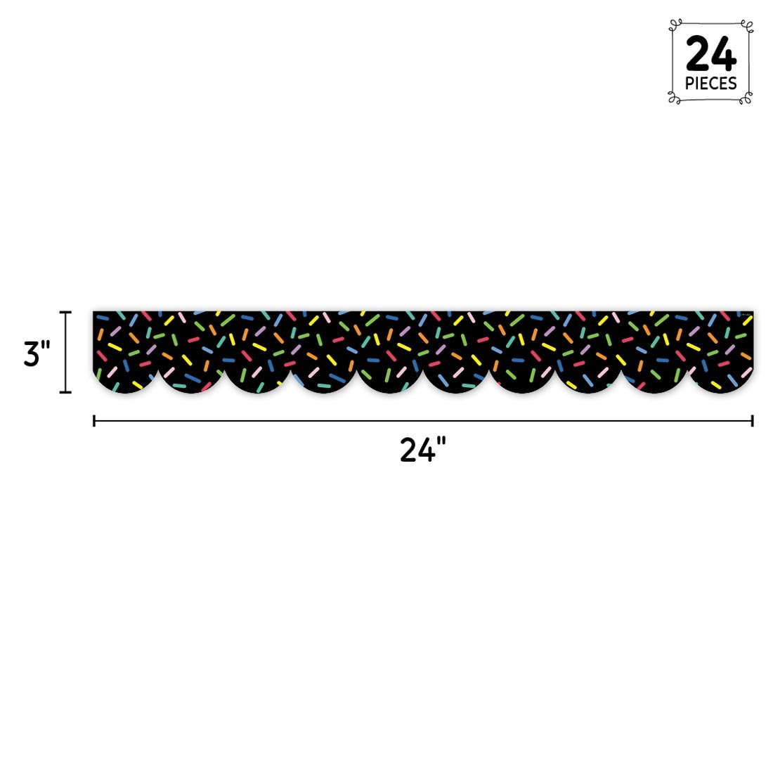 strip of Sprinkles on Black EZ Border from the Core Decor collection by Creative Teaching Press labeled with 24 Pieces plus measurements 3" and 24"