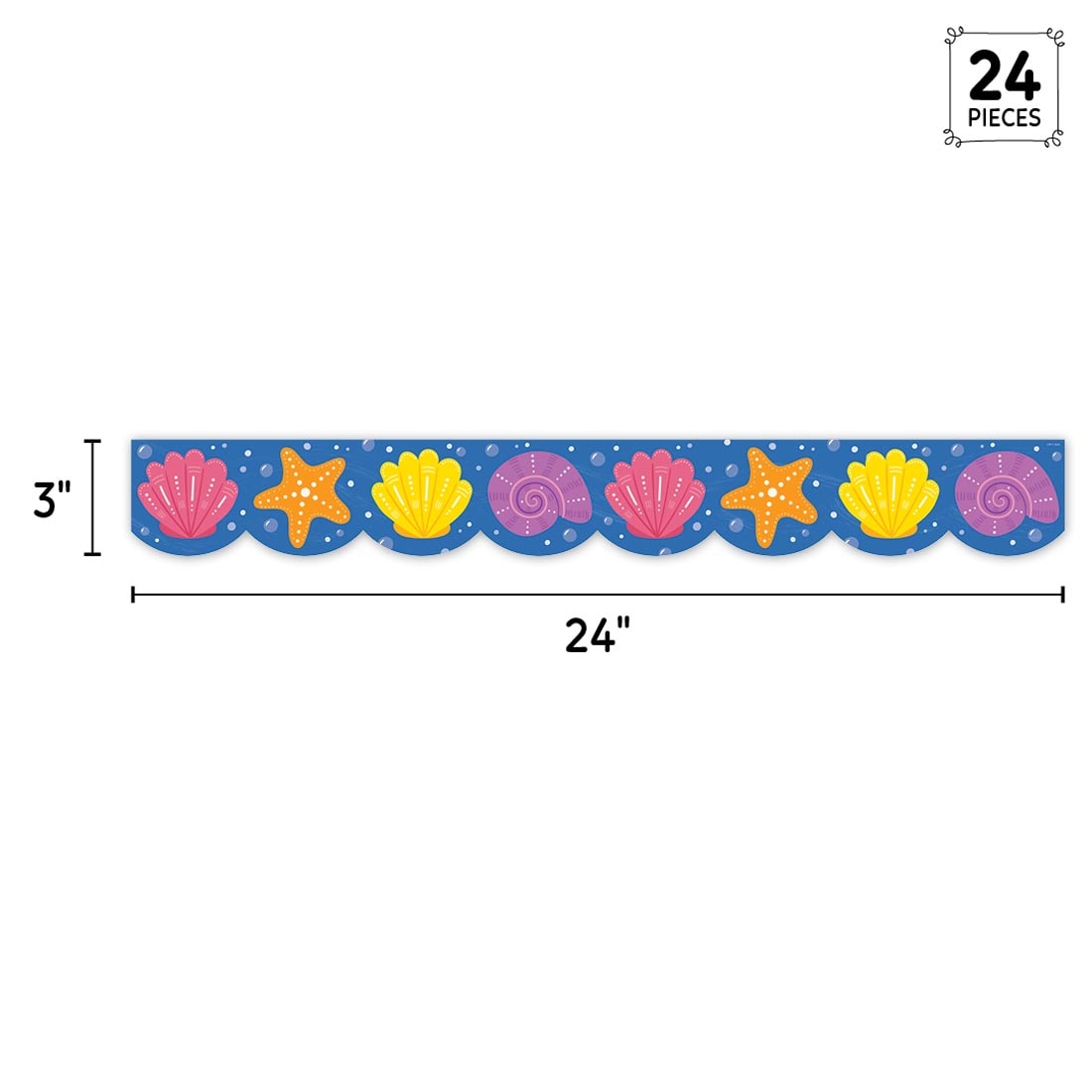 strip of Seashells EZ Border from the Sea Friends collection by Creative Teaching Press labeled with 24 Pieces plus measurements 3" and 24"