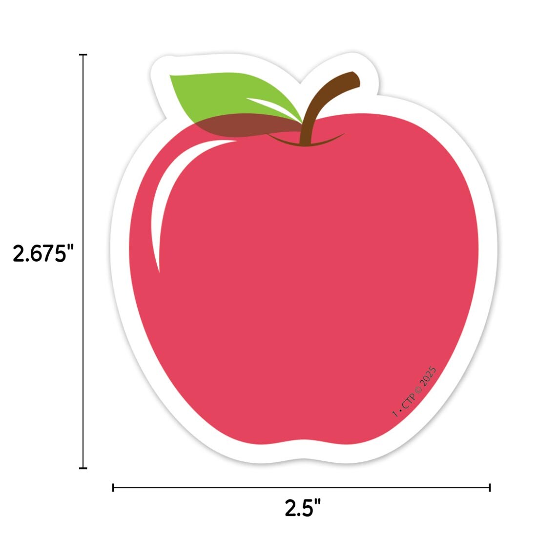 an Apple 3" Designer Cut-Out from the Apple Time collection by Creative Teaching Press labeled with measurements 2.675" and 2.5"