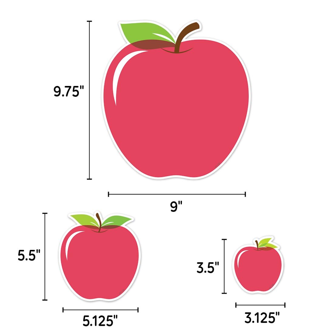 3 sizes of Apples Assorted Designer Cut-Outs from the Apple Time collection by Creative Teaching Press each labeled with their measurements