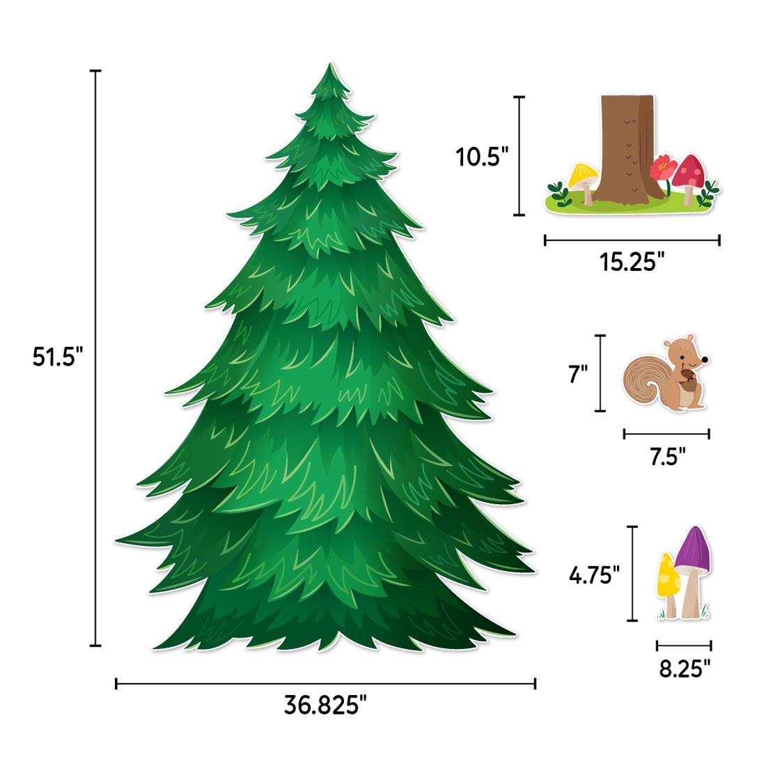 4 pieces from the Jumbo Pine Tree Bulletin Board Set from the Woodland Friends collection by Creative Teaching Press each labeled with their measurements