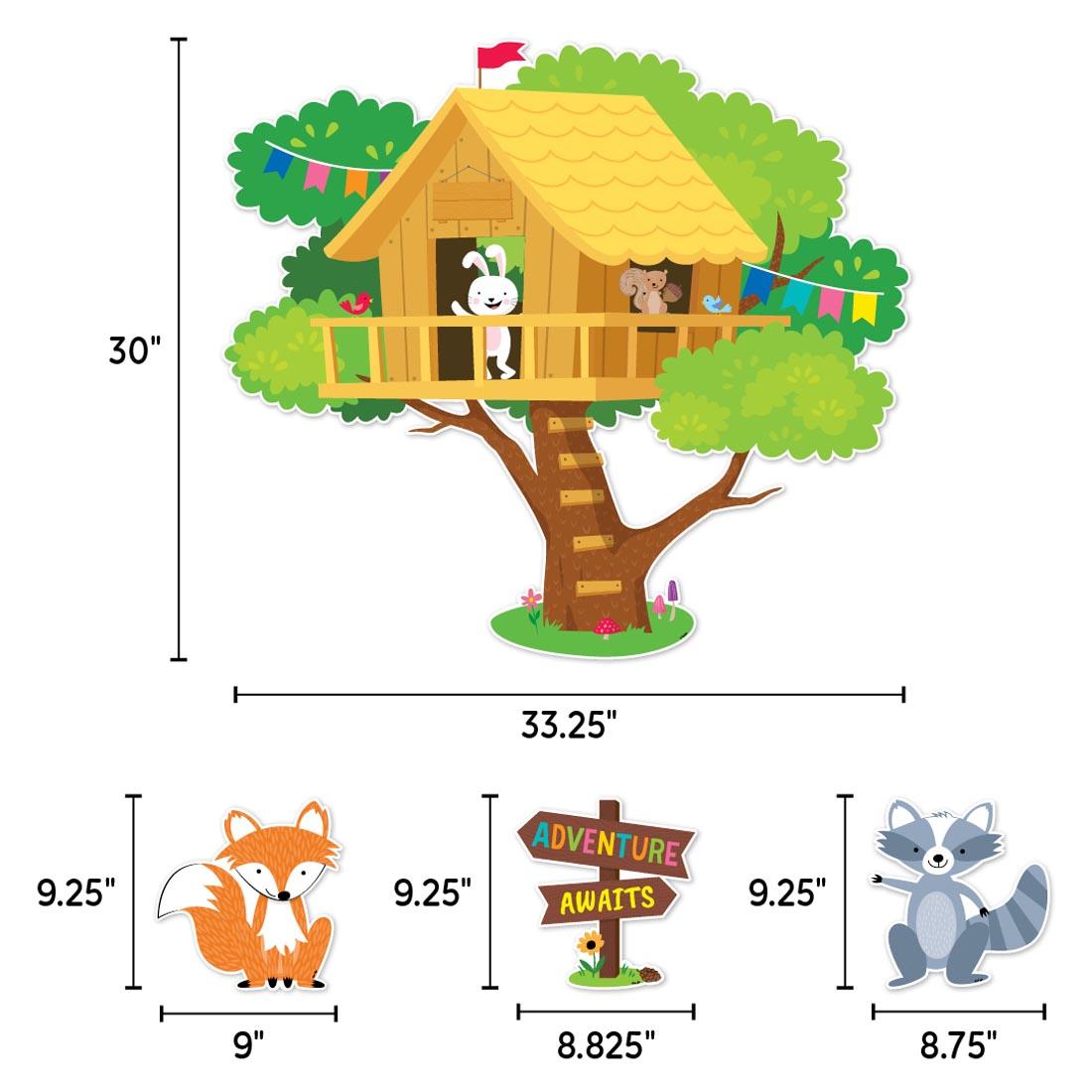 4 pieces from the Treehouse Bulletin Board Set from the Woodland Friends collection by Creative Teaching Press each labeled with their measurements