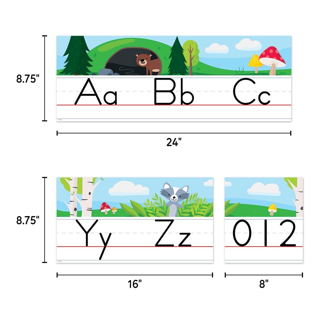 3 pieces from the Alphabet Line Bulletin Board Set from the Woodland Friends collection by Creative Teaching Press each labeled with their measurements
