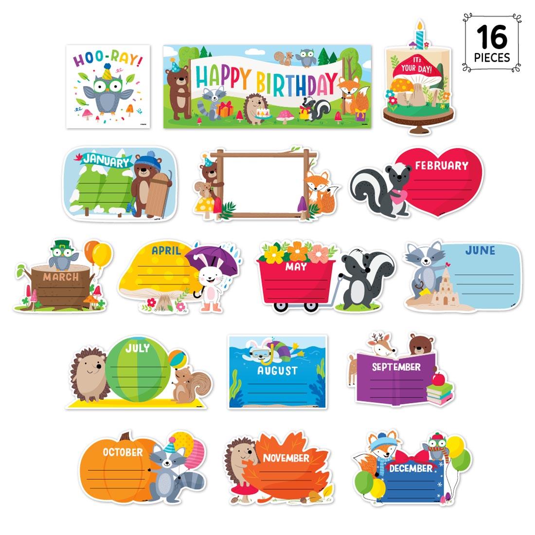Happy Birthday Mini Bulletin Board Set from the Woodland Friends collection by Creative Teaching Press plus text 16 Pieces
