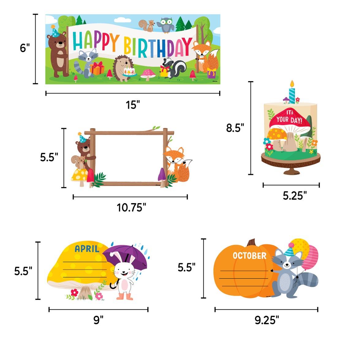 5 pieces from the Happy Birthday Mini Bulletin Board Set from the Woodland Friends collection by Creative Teaching Press each labeled with their measurements