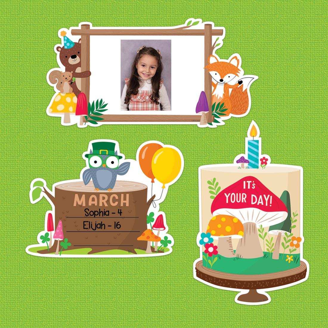 pieces from the Happy Birthday Mini Bulletin Board Set from the Woodland Friends collection by Creative Teaching Press in use