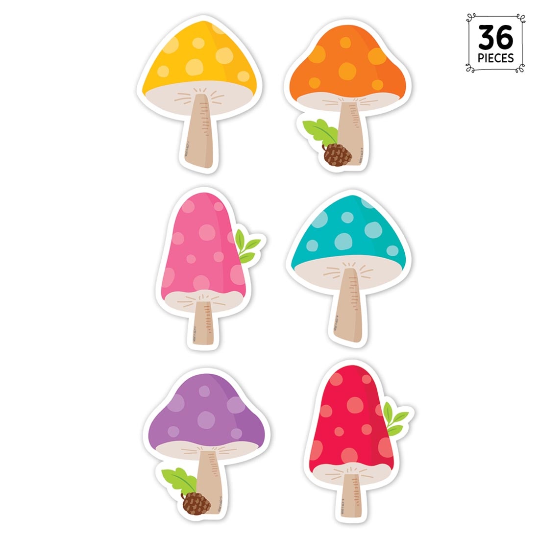 6 Mushrooms 3" Designer Cut-Outs from the Woodland Friends collection by Creative Teaching Press plus text 36 Pieces