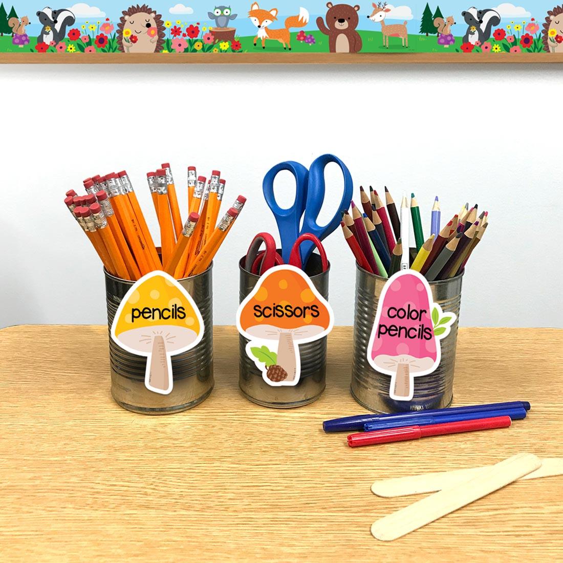 3 Mushrooms 3" Designer Cut-Outs from the Woodland Friends collection by Creative Teaching Press being used as labels