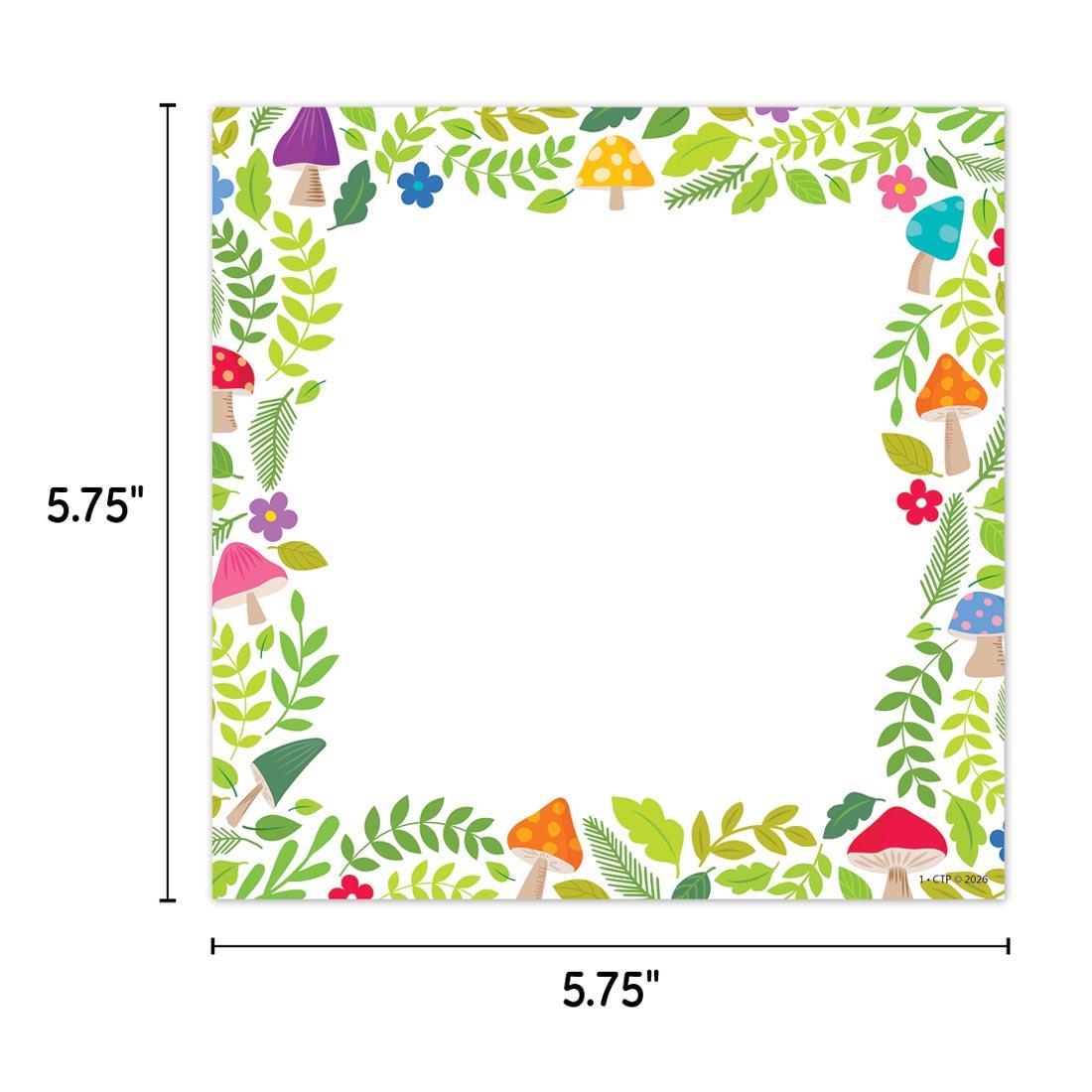 Mushroom Medley Card Designer Cut-Out from the Woodland Friends collection by Creative Teaching Press labeled with measurements 5.75" and 5.75"