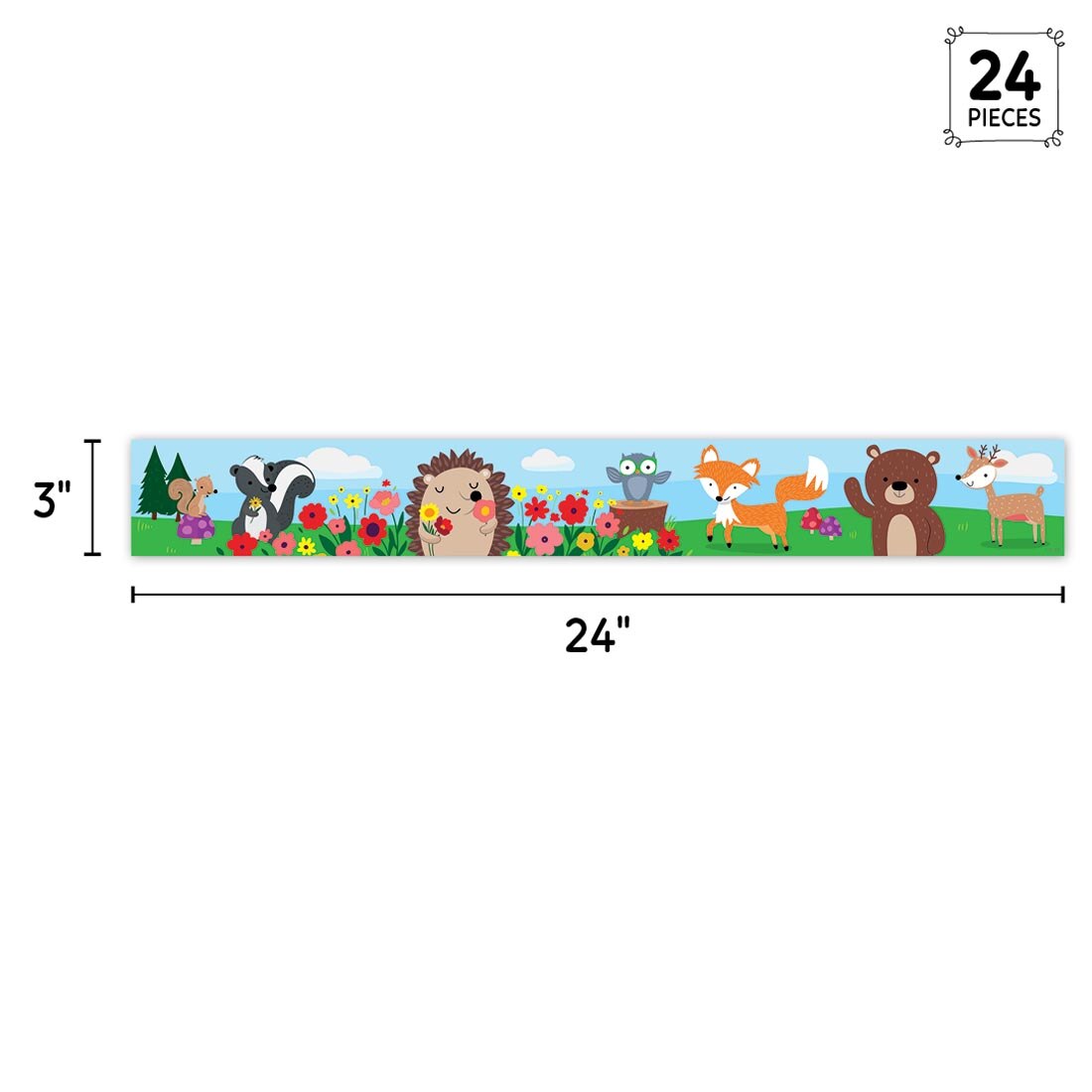 full strip of Flowers EZ Border from the Woodland Friends collection by Creative Teaching Press labeled with measurements 3" and 24" plus text 24 Pieces