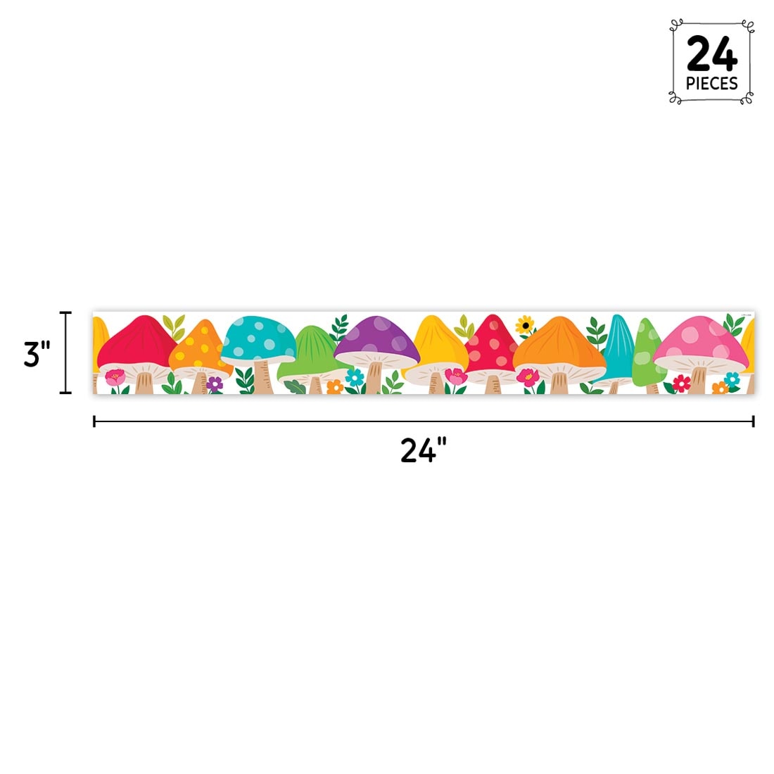 full strip of Jumbo Mushrooms EZ Border from the Woodland Friends collection by Creative Teaching Press labeled with measurements 3" and 24" plus text 24 Pieces