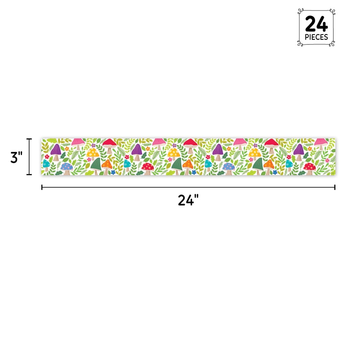 full strip of Mushroom Medley EZ Border from the Woodland Friends collection by Creative Teaching Press labeled with measurements 3" and 24" plus text 24 Pieces
