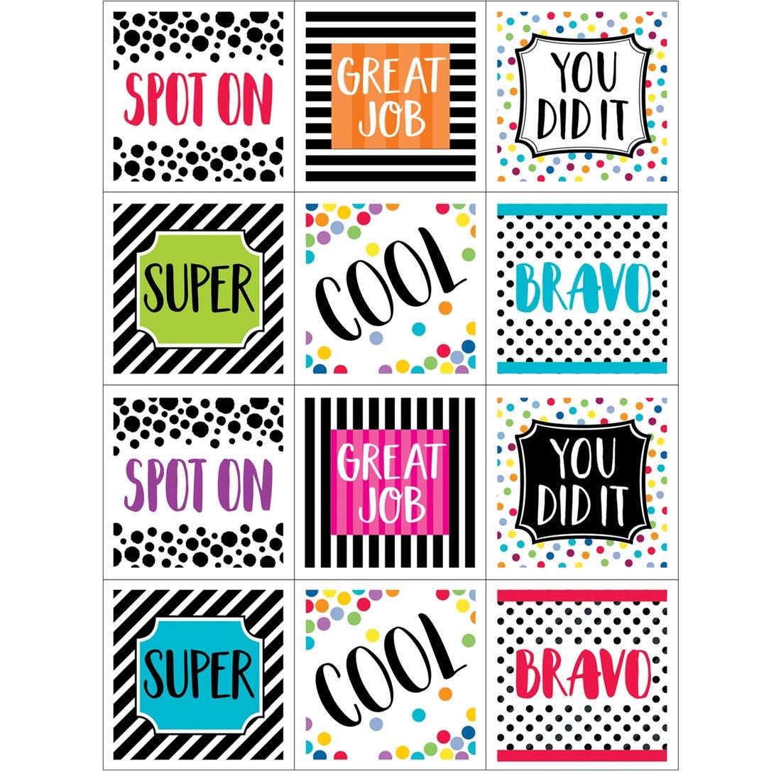 Incentive Stickers from the Bold & Bright collection by Creative Teaching Press include sayings like Spot on, Cool, Bravo