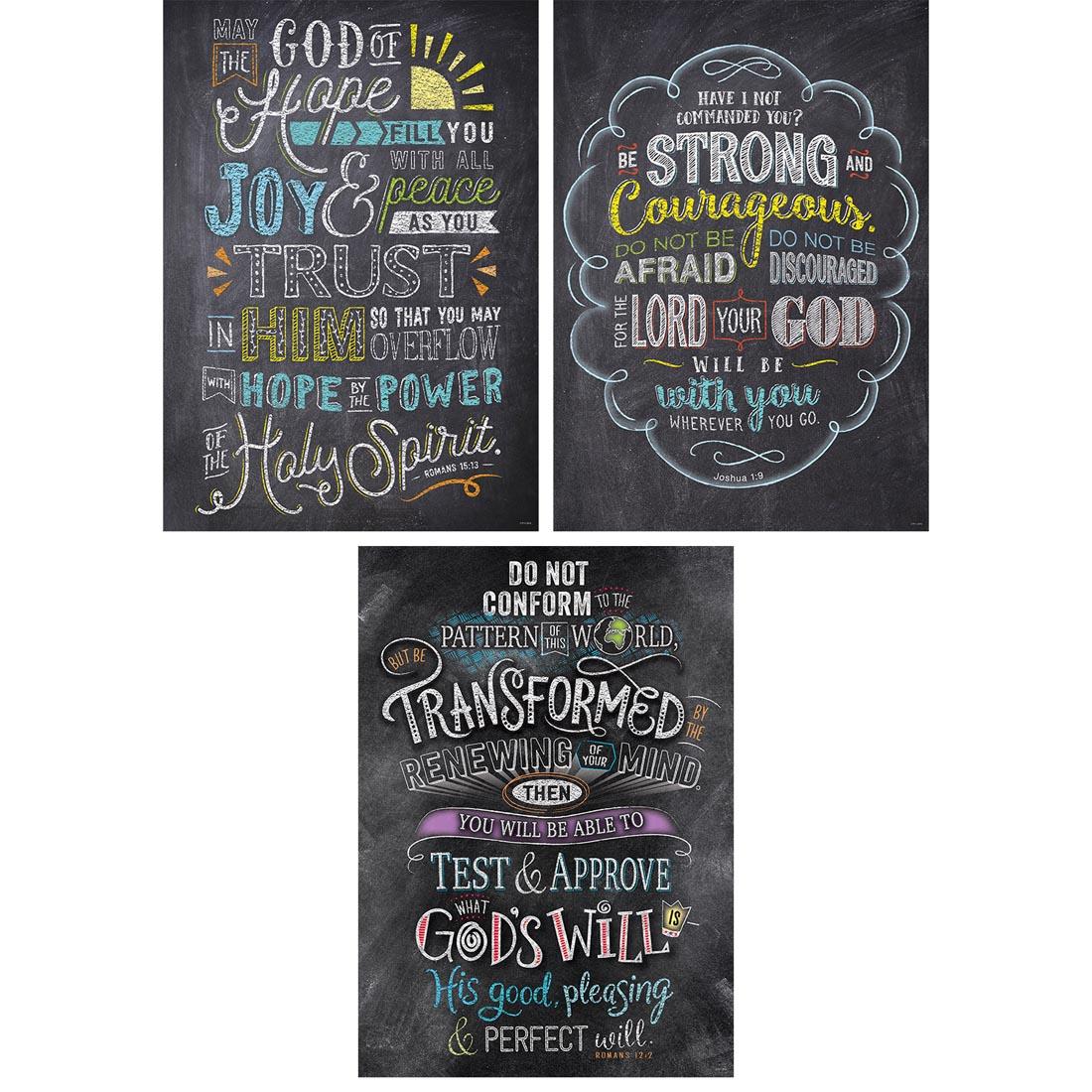 Bible Verses in Chalk Posters by Creative Teaching Press include Romans 12:2, Joshua 1:9 and Romans 15:13