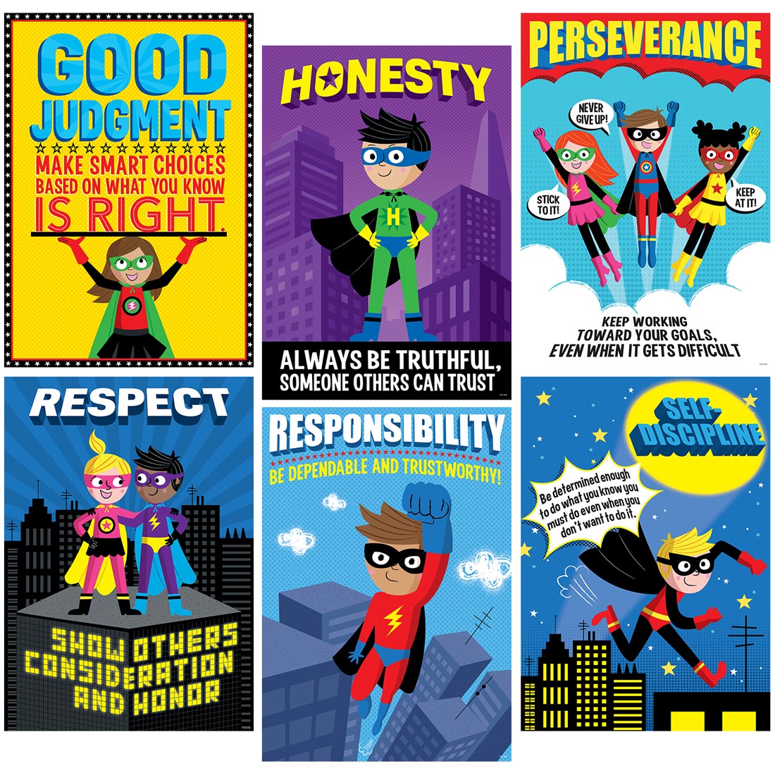 Superhero Character Education Poster Pack by Creative Teaching Press includes Good Judgement, Honesty, Perseverance, Respect, Responsibility and Self-Discipline