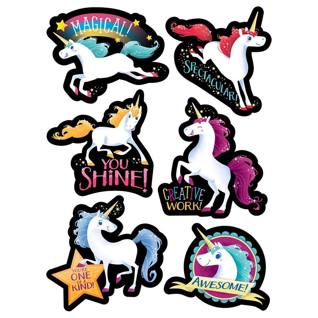 Unicorn Rewards Stickers by Creative Teaching Press say things like Magical! Spectacular! and You Shine!