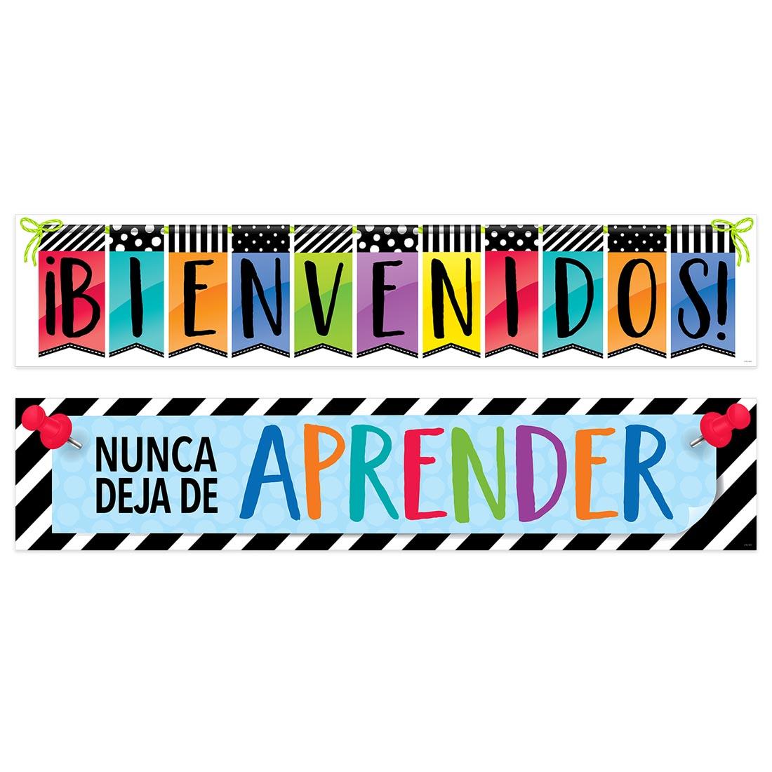 Bienvenidos! Spanish Banner says Nunca Deja De Aprender on the back