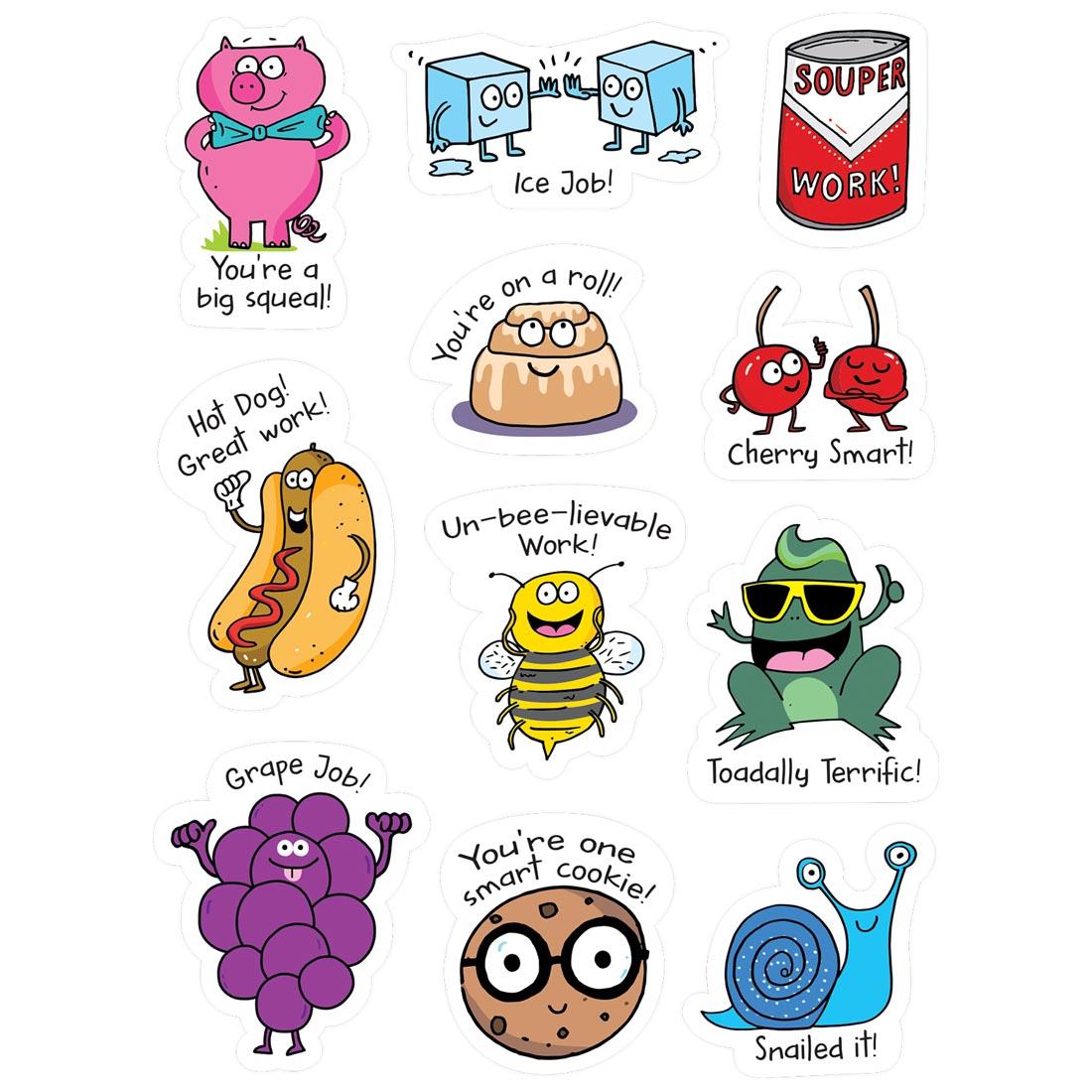 Punny Reward Stickers say things like You're a Big Squeal, Souper Work, Ice Job