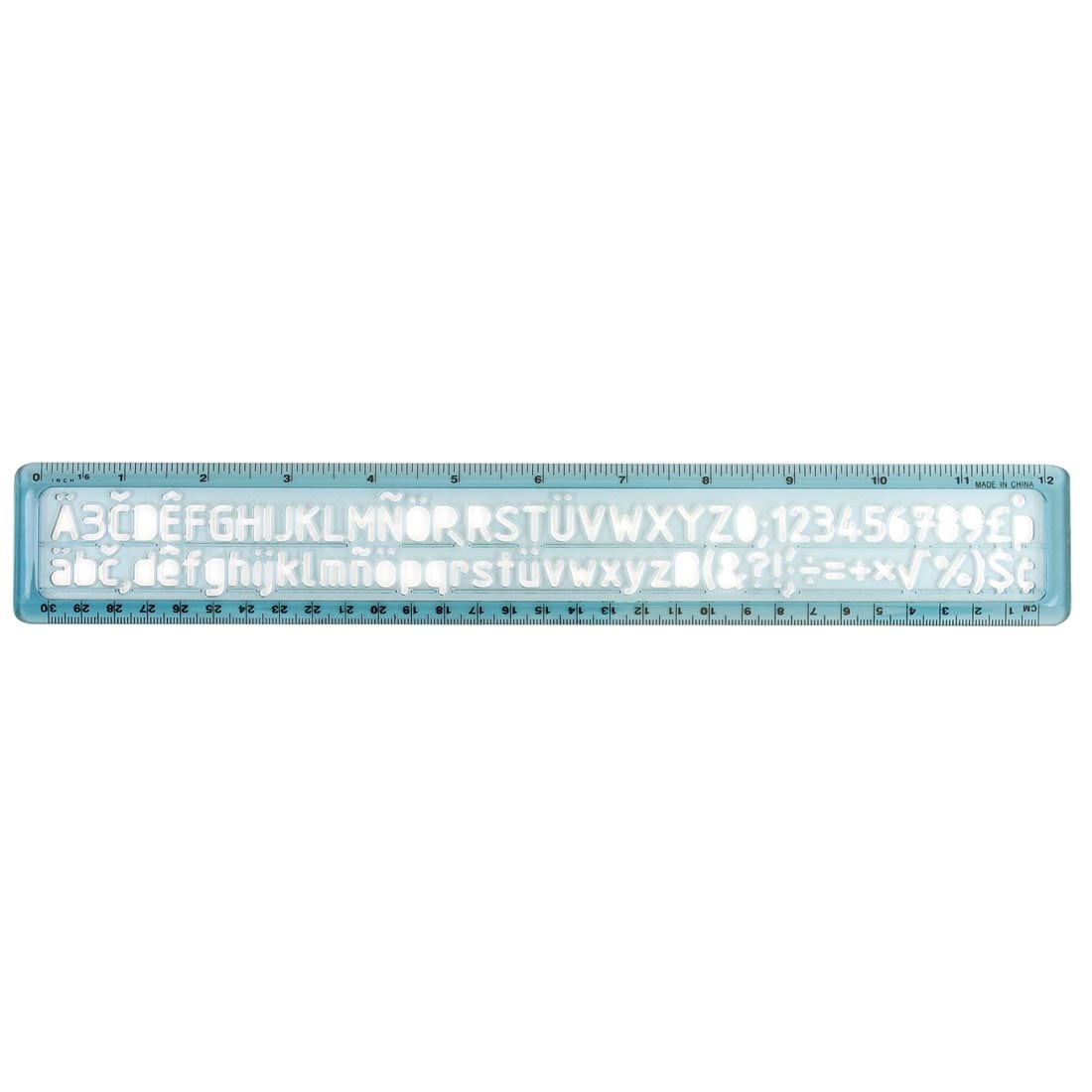 ruler with uppercase and lowercase alphabet stencils on the inside