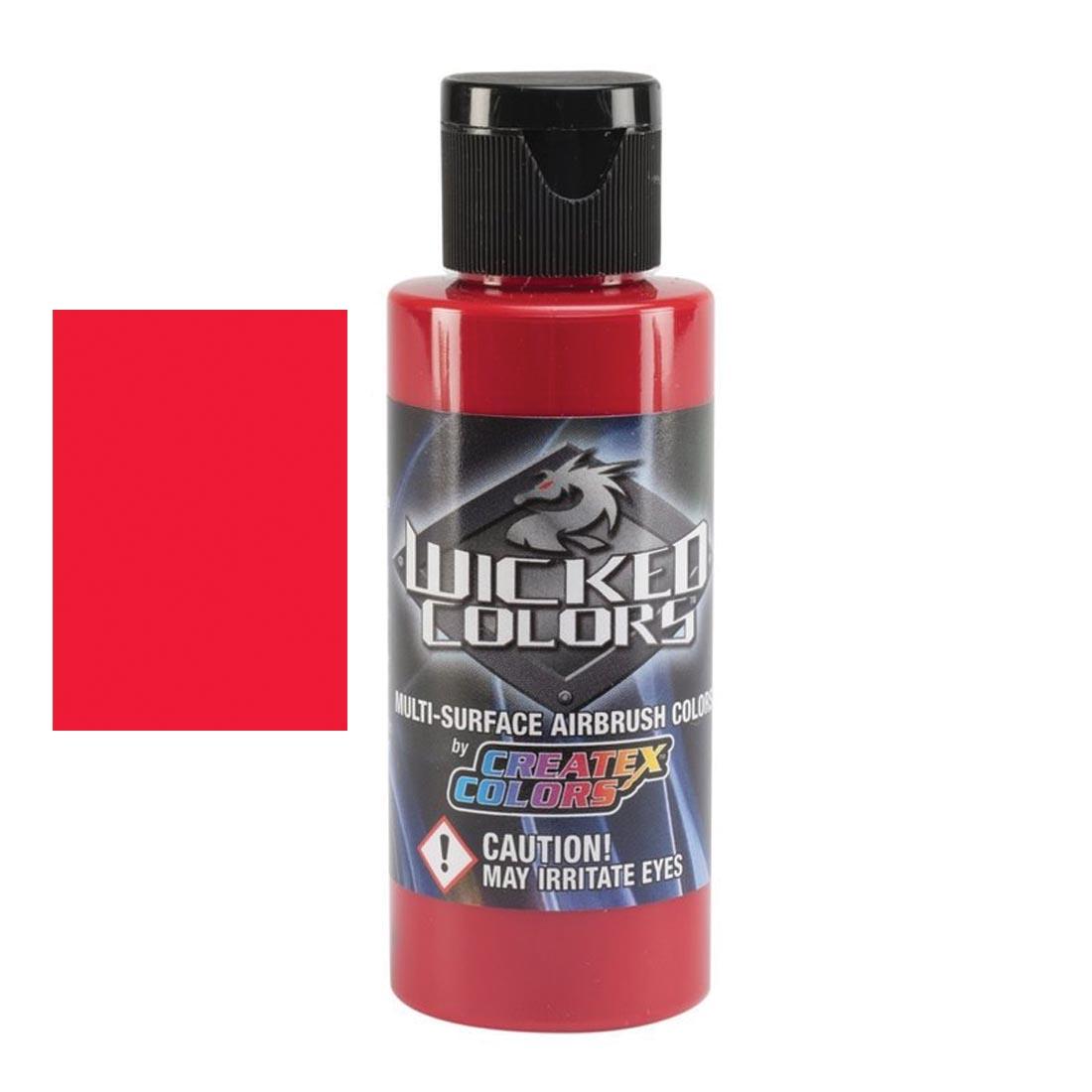 Bottle of Detail Scarlet Createx Wicked Colors Airbrush Paint beside a color swatch