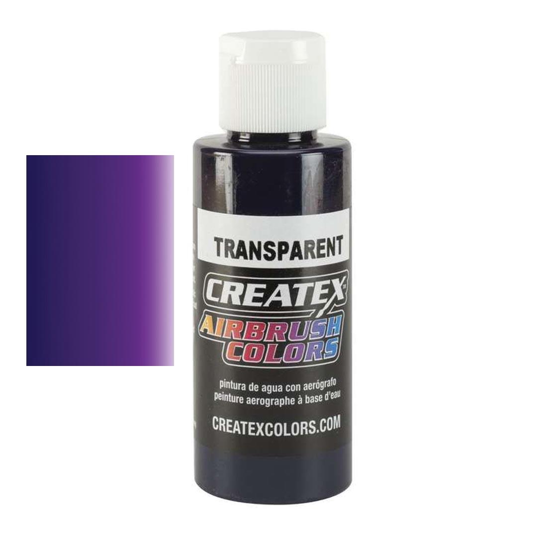 Bottle of Createx Airbrush Color Beside Transparent Violet Color Swatch
