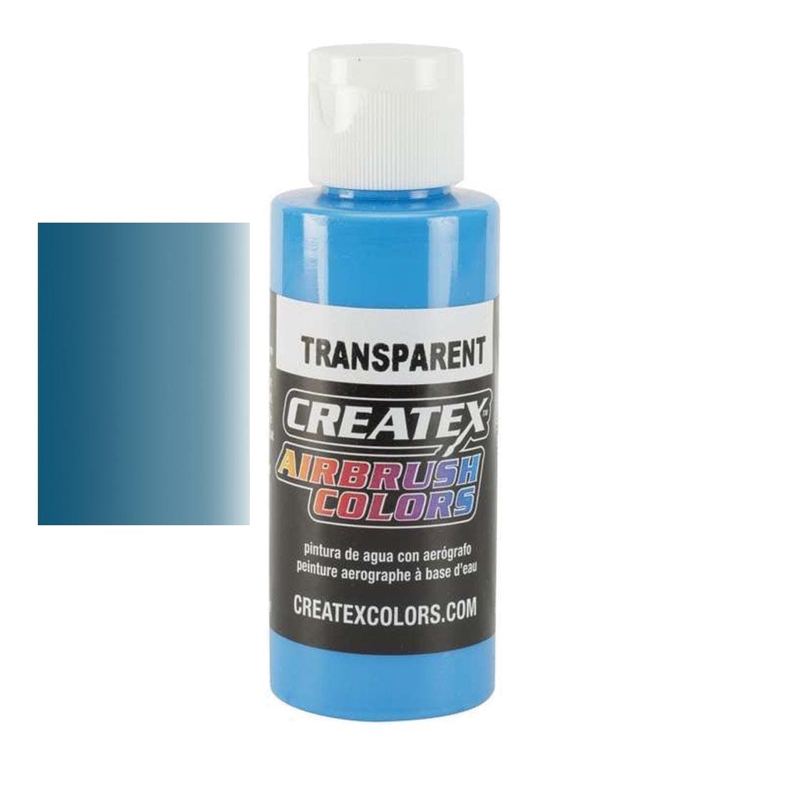 Bottle of Createx Airbrush Color Beside Transparent Caribbean Blue Color Swatch