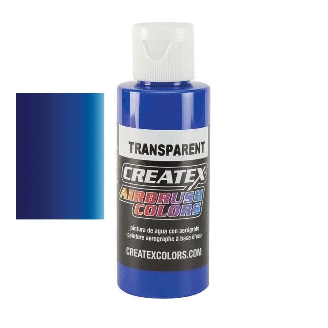 Bottle of Createx Airbrush Color Beside Transparent Ultra Blue Color Swatch