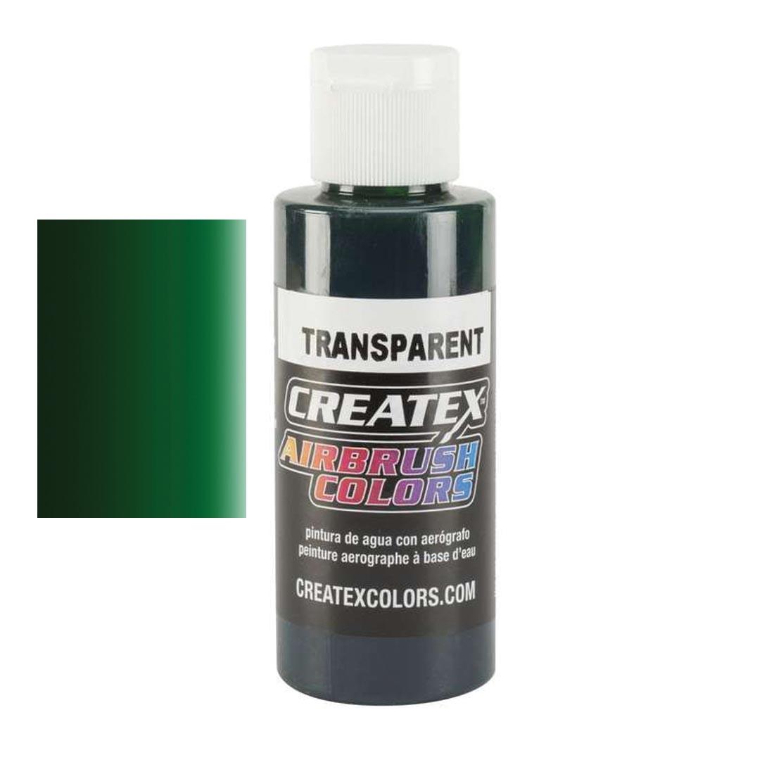 Bottle of Createx Airbrush Color Beside Transparent Forest Green Color Swatch
