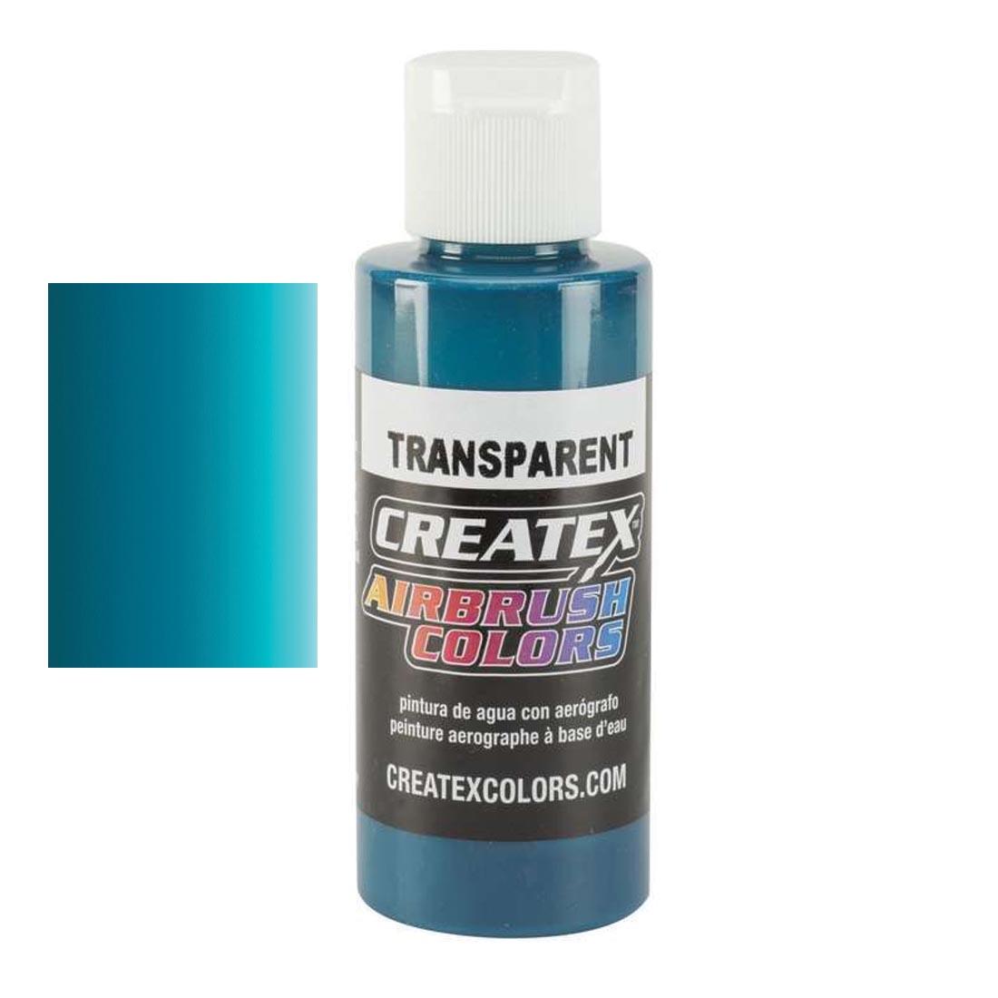 Bottle of Createx Airbrush Color Beside Transparent Aqua Color Swatch
