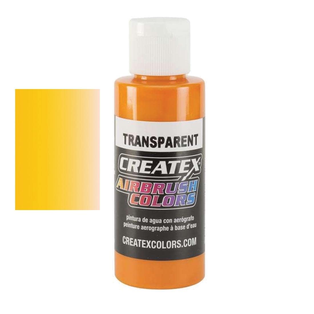 Bottle of Createx Airbrush Color Beside Transparent Sunrise Yellow Color Swatch