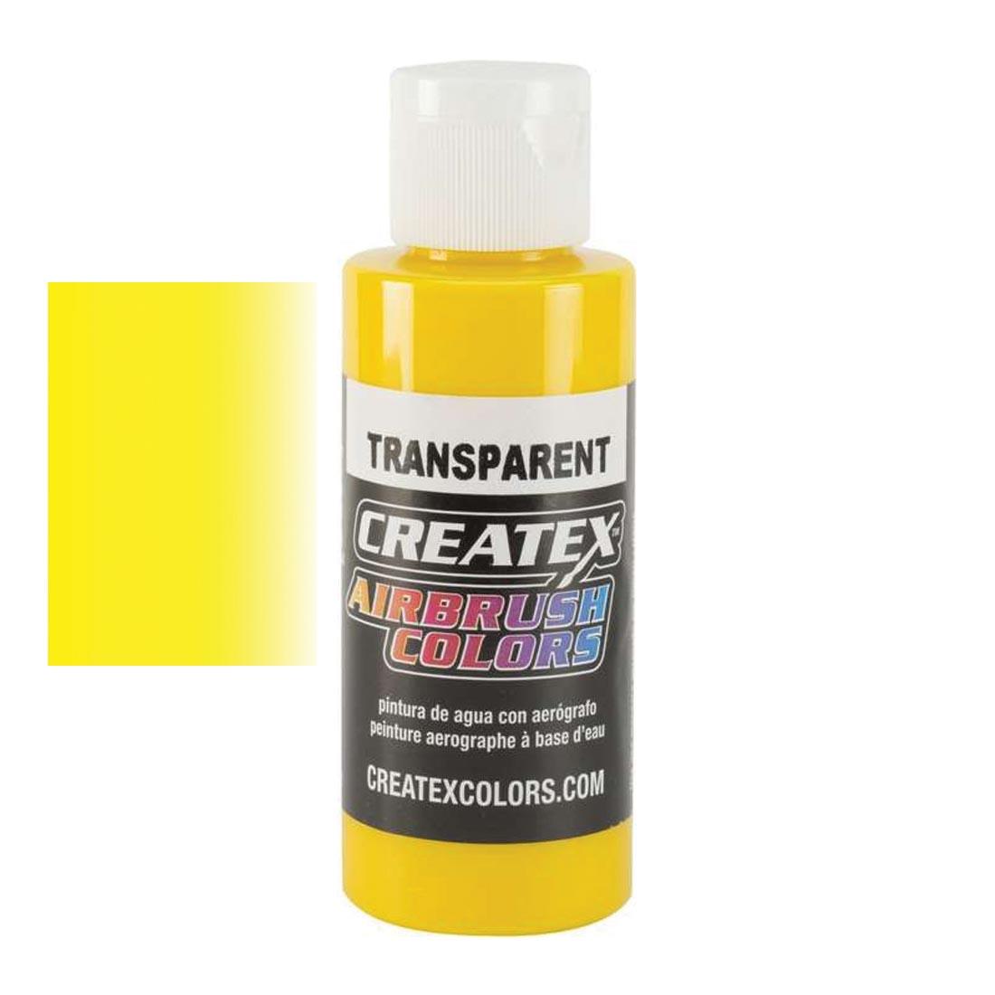 Bottle of Createx Airbrush Color Beside Transparent Brite Yellow Color Swatch