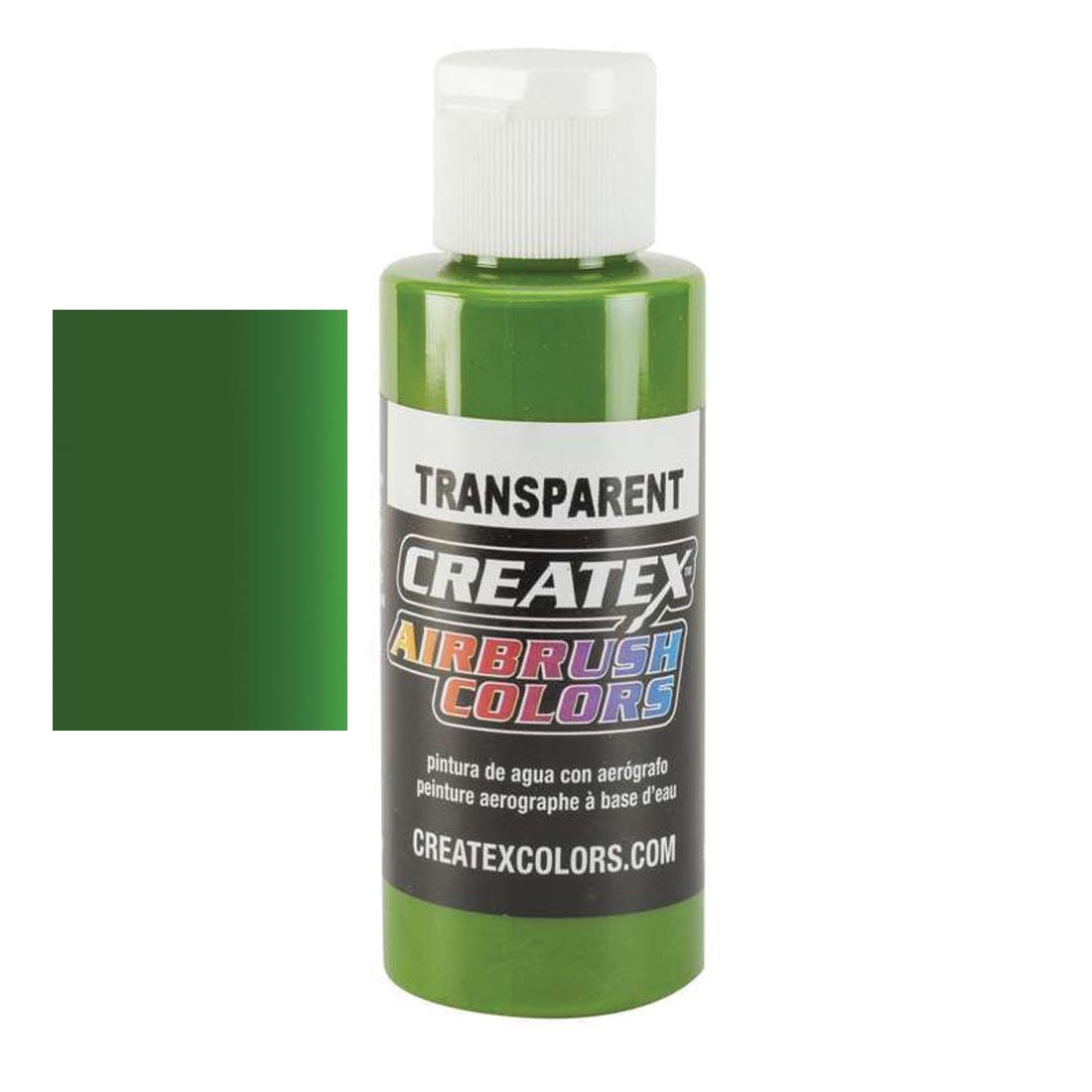 Bottle of Createx Airbrush Color Beside Transparent Tropical Green Color Swatch