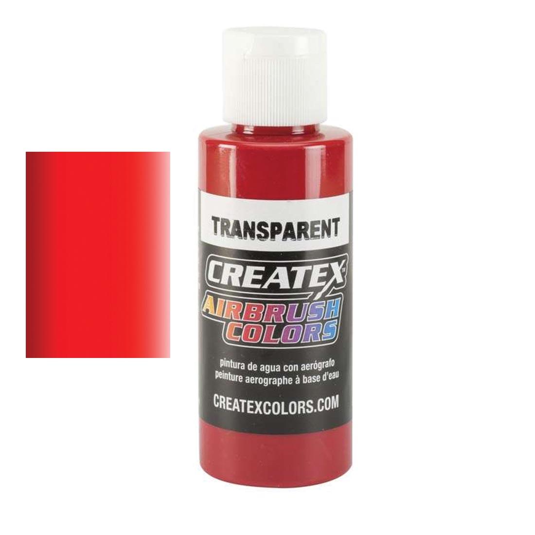 Bottle of Createx Airbrush Color Beside Transparent Brite Red Color Swatch