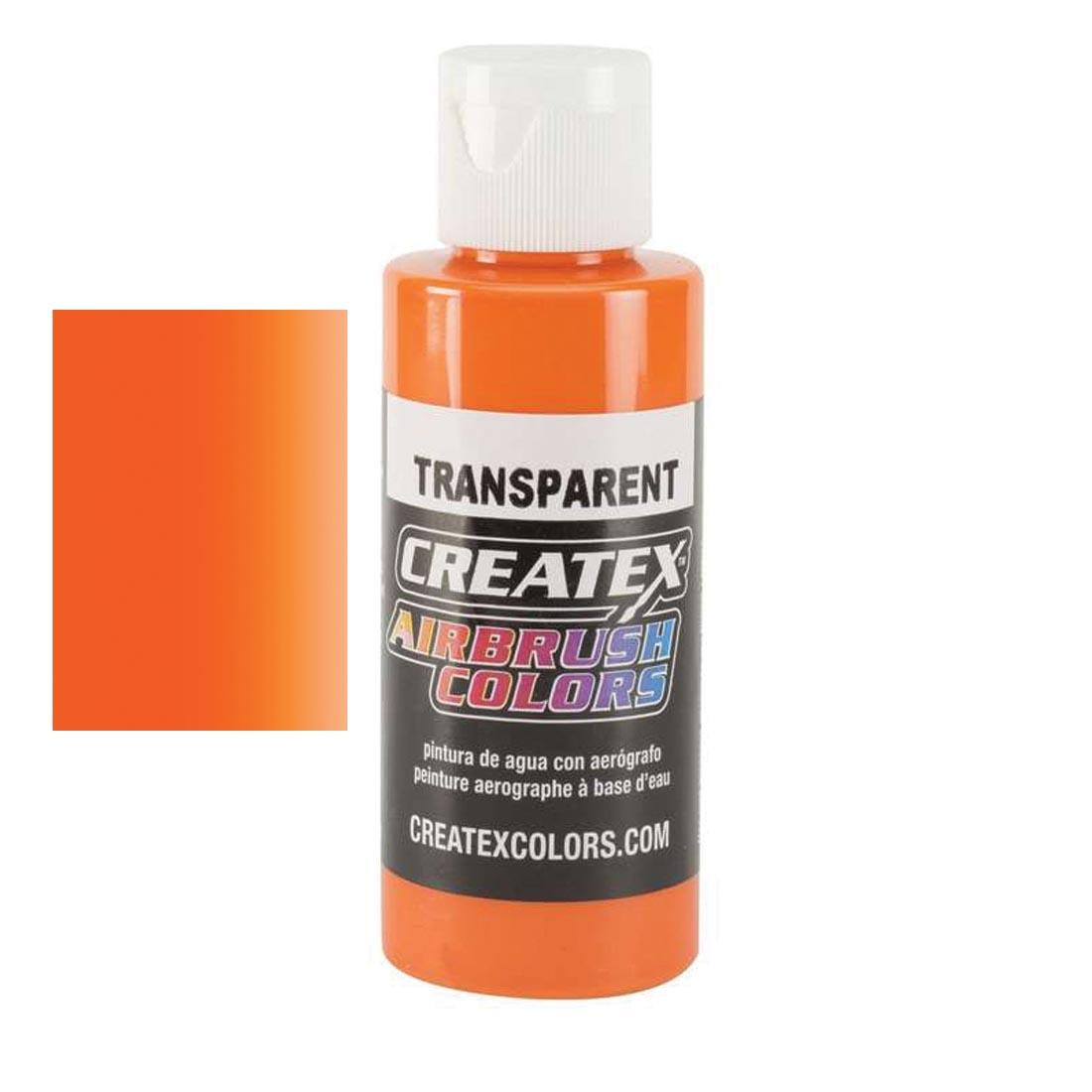 Bottle of Createx Airbrush Color Beside Transparent Orange Color Swatch